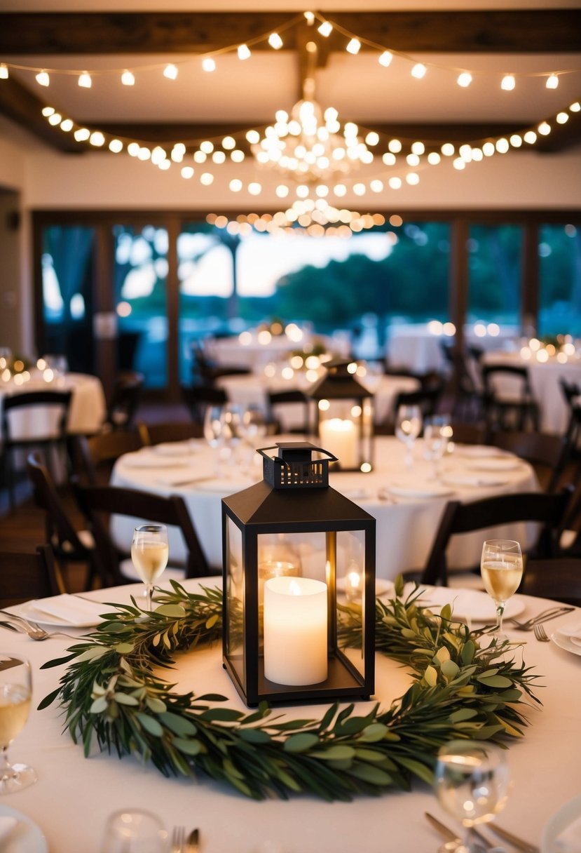 A circular table adorned with a wreathed lantern centerpiece, creating a warm and elegant wedding decoration