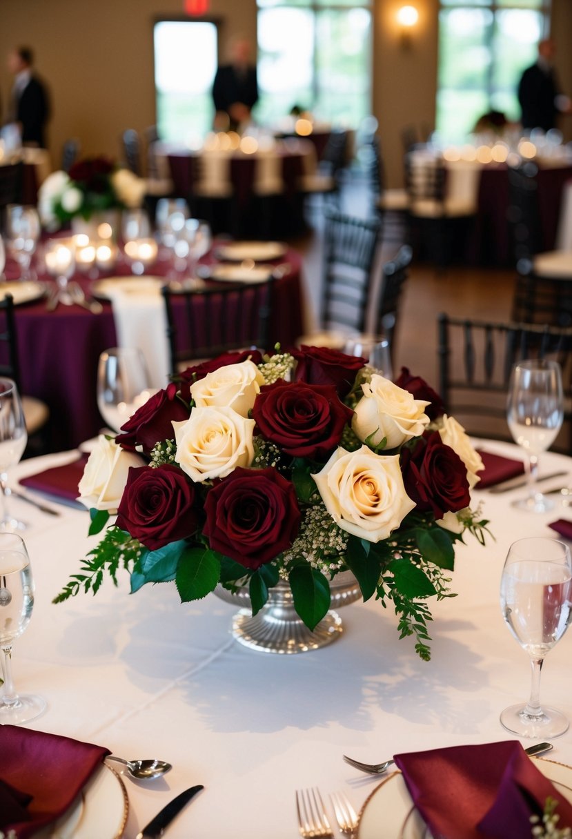 A table adorned with burgundy and cream rose arrangements for a wedding centerpiece