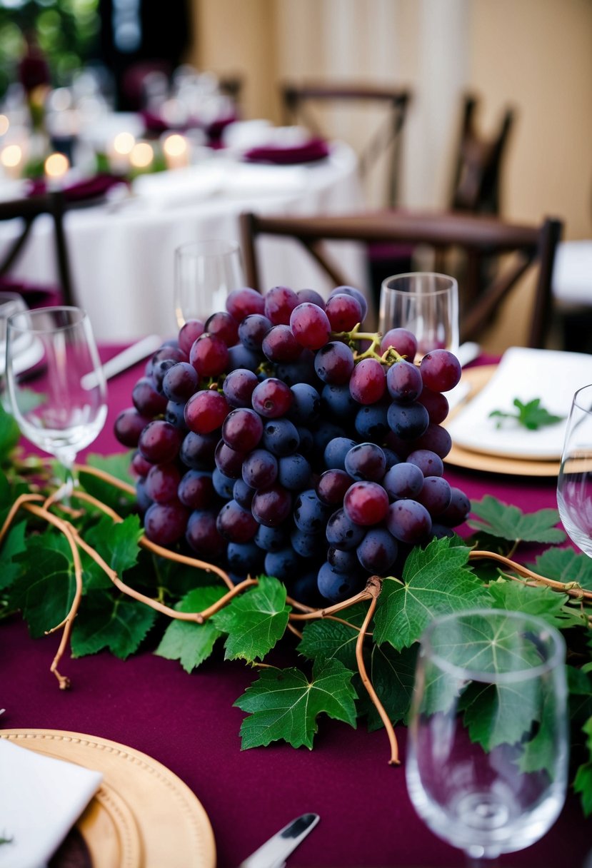 A table adorned with deep burgundy grapes and vine decor for a wedding reception centerpiece