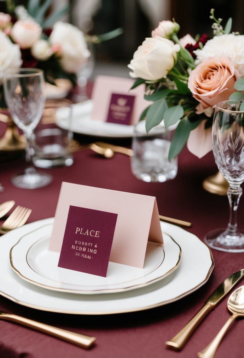 Burgundy and blush place cards arranged on a wedding reception table with elegant floral decorations