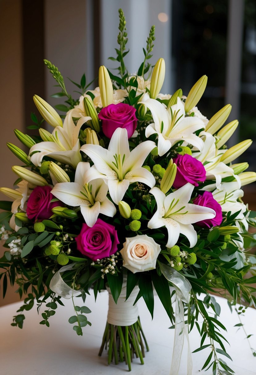 A vibrant wedding bouquet of lilies and roses, arranged in a cascading style with greenery and delicate ribbon accents