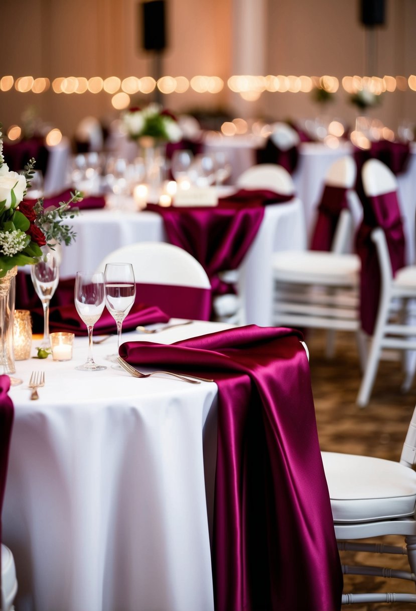 Burgundy satin sashes draped over wedding tables, adorned with elegant decorations