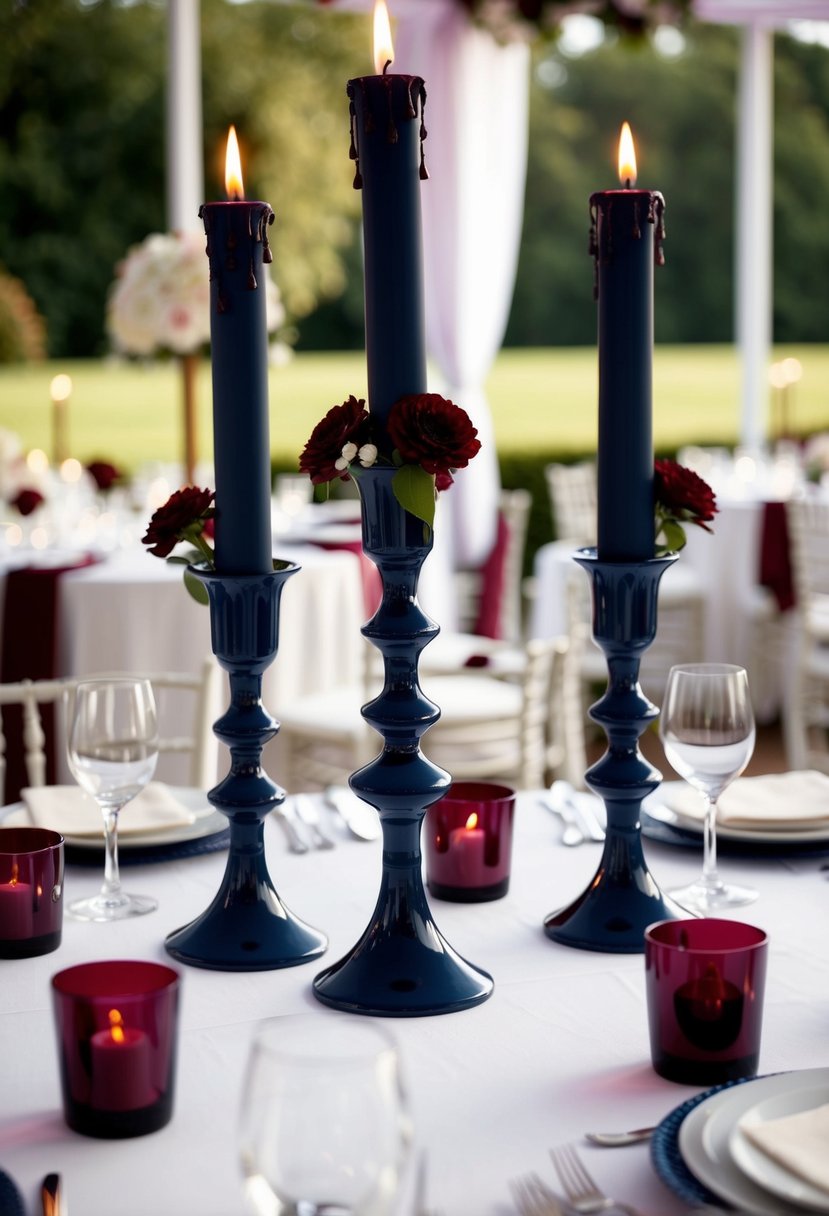 Navy candlesticks with burgundy accents adorn a wedding table, creating an elegant and romantic atmosphere