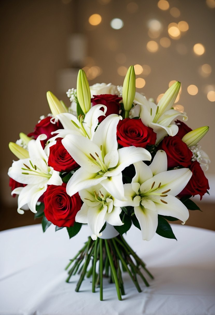 A bouquet of white lilies and red roses arranged in a classic and elegant wedding style