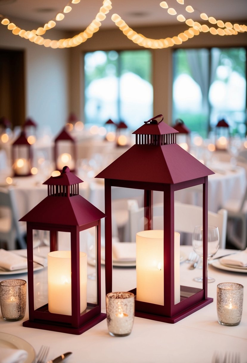 Burgundy lanterns arranged as table decor for a wedding reception