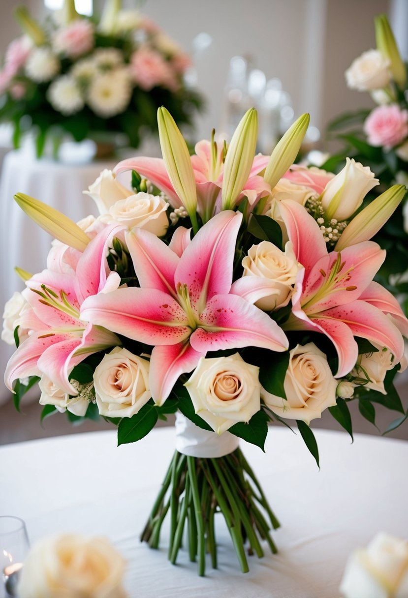 A lush bouquet of pink stargazer lilies and cream roses, arranged in a romantic wedding setting