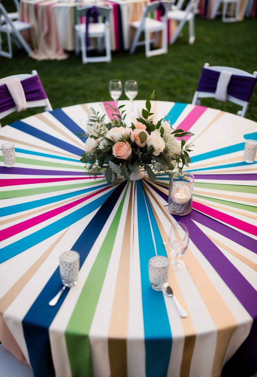 A circular table adorned with a mix of stripes and polka dots in various colors, serving as wedding table decoration