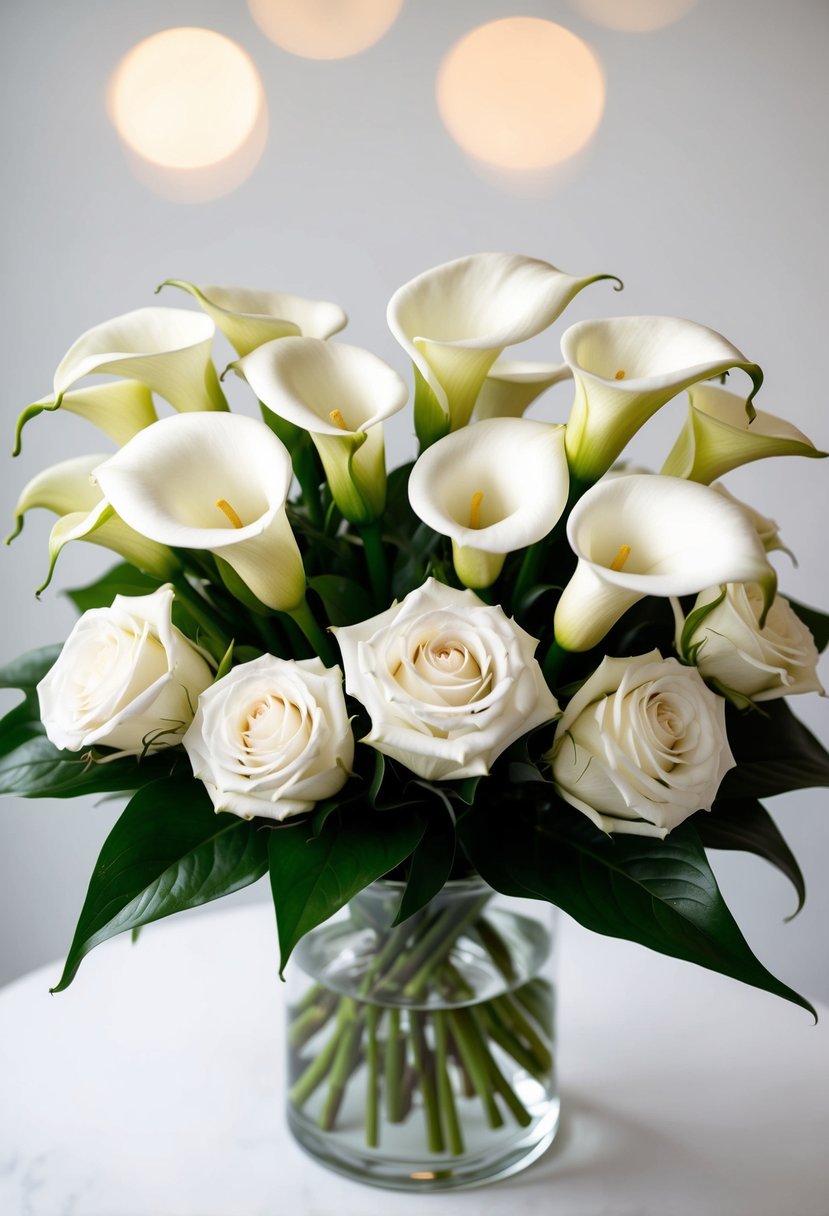 A bouquet of calla lilies and white roses arranged in a simple yet elegant manner, with the flowers complementing each other in a harmonious display