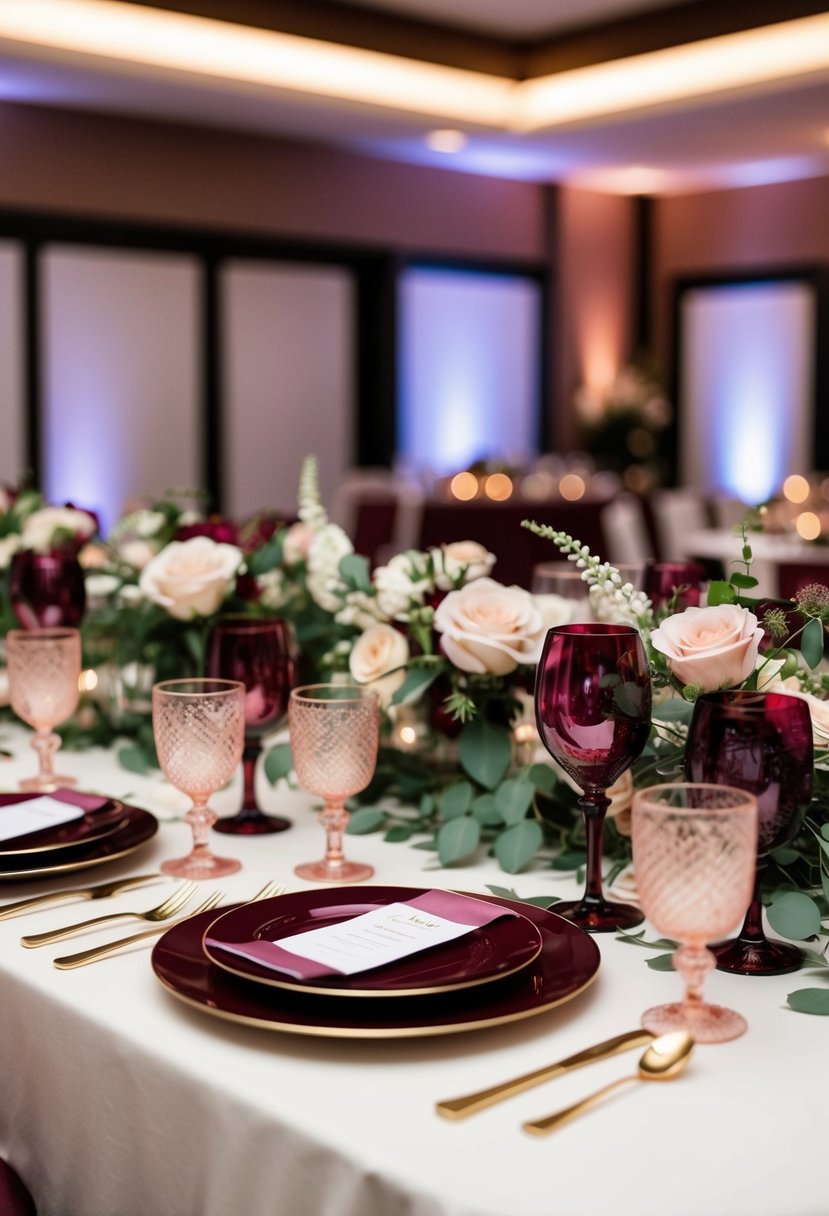 Elegant burgundy and blush glassware arranged on a wedding reception table, with floral decorations and ambient lighting