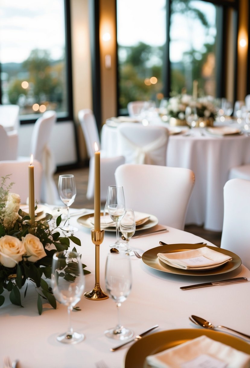 A circular wedding table with white linens and gold accents