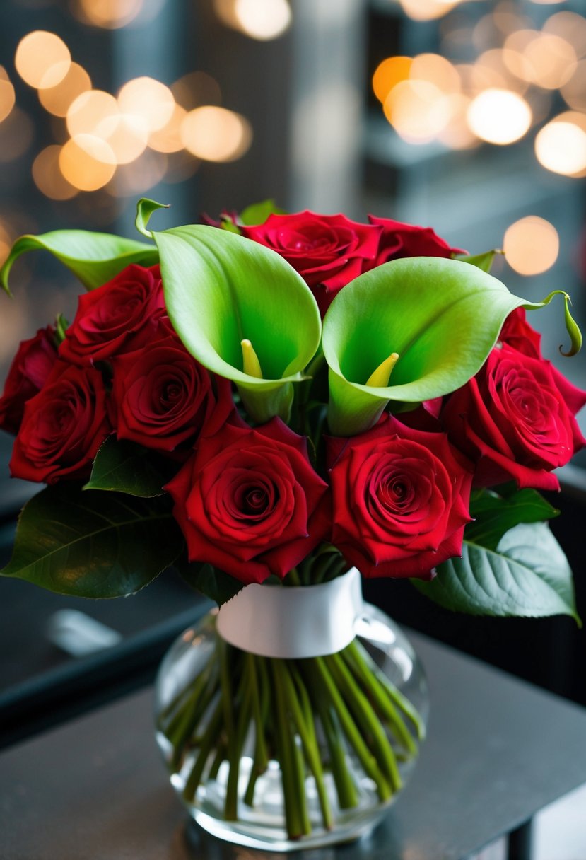 Green calla lilies and red roses arranged in a modern wedding bouquet