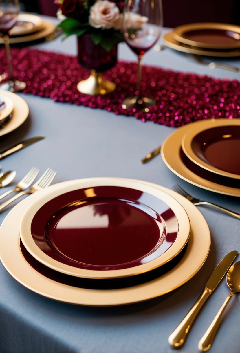 Gold-rimmed burgundy plates arranged on a table with matching burgundy table decorations