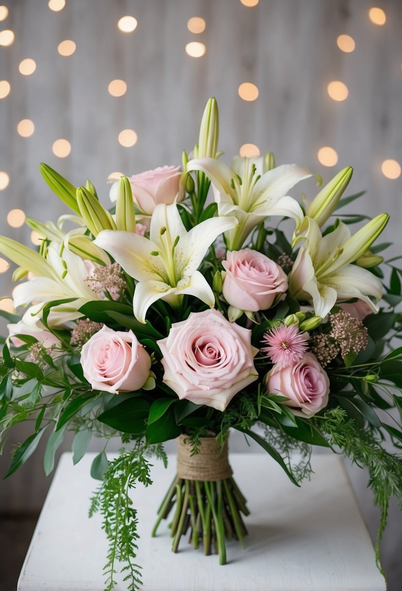 A bouquet of whimsical Gloriosa lilies and soft pink roses arranged in a rustic, hand-tied style with flowing greenery and delicate filler flowers