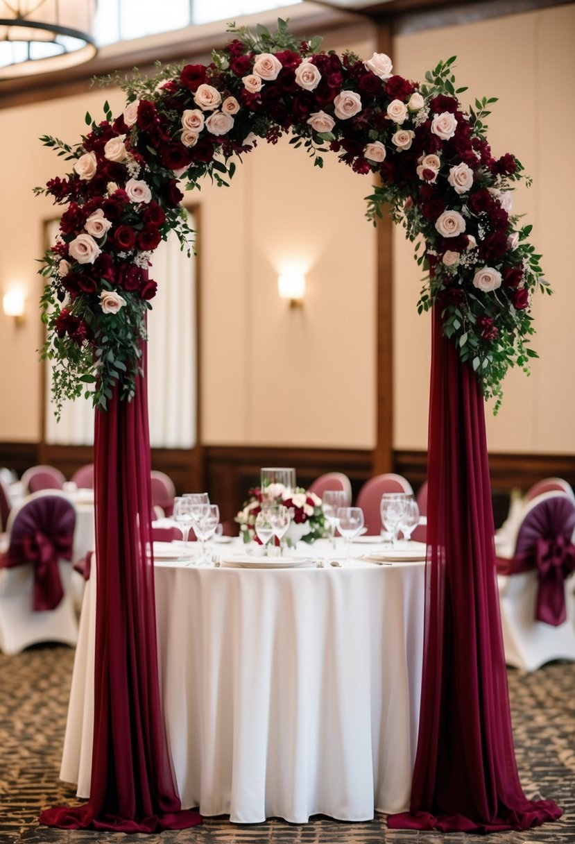 A burgundy floral arch frames a wedding table, draped with matching decorations