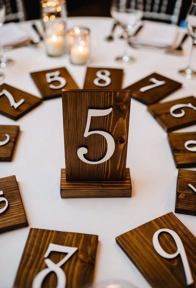 A set of rustic wood table numbers arranged in a circle on a wedding reception table