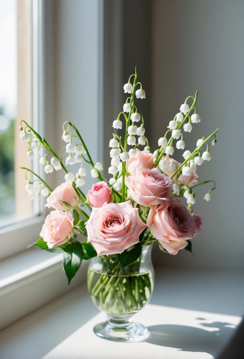 A delicate bouquet of lily of the valley and blush roses arranged in a glass vase, with soft natural lighting streaming in from a nearby window