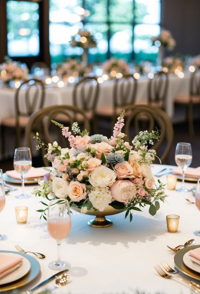 A circular table adorned with pastel floral arrangements for a wedding