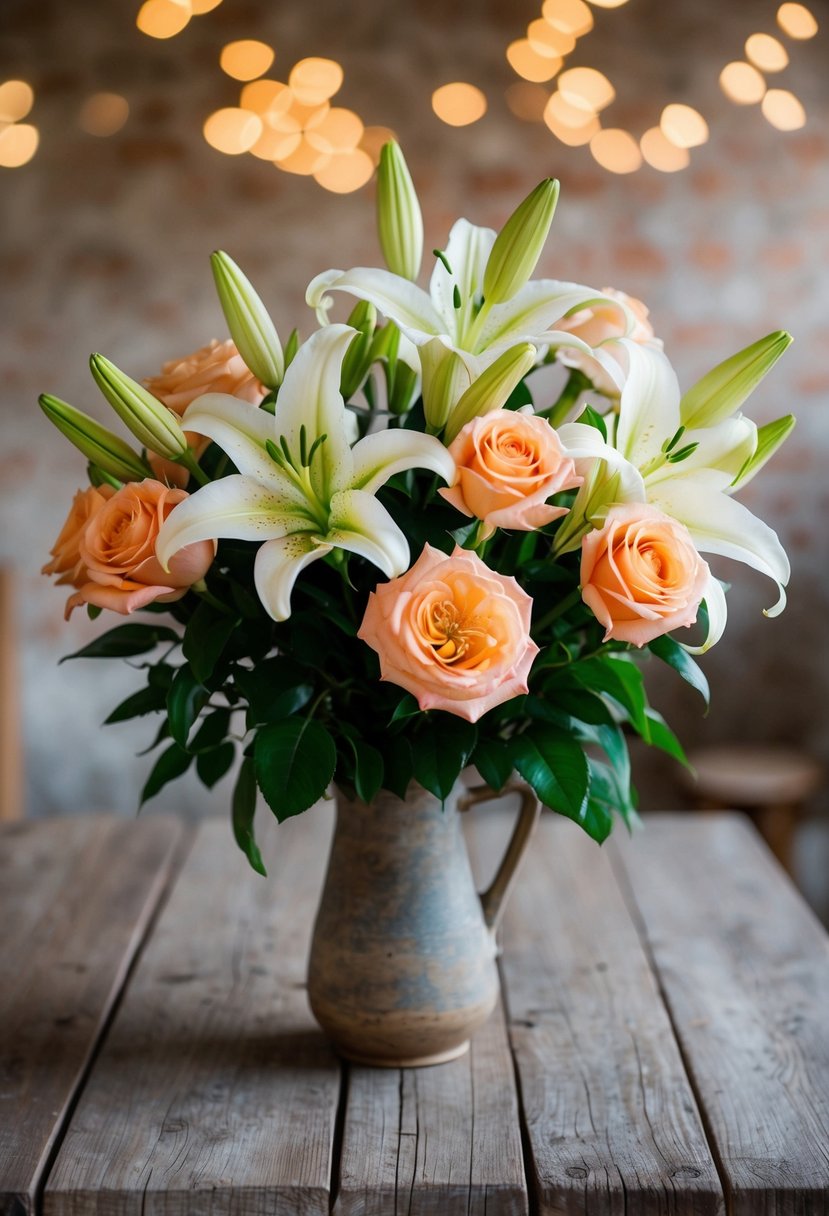 A bouquet of traditional lilies and vibrant peach roses arranged in a rustic vase on a wooden table