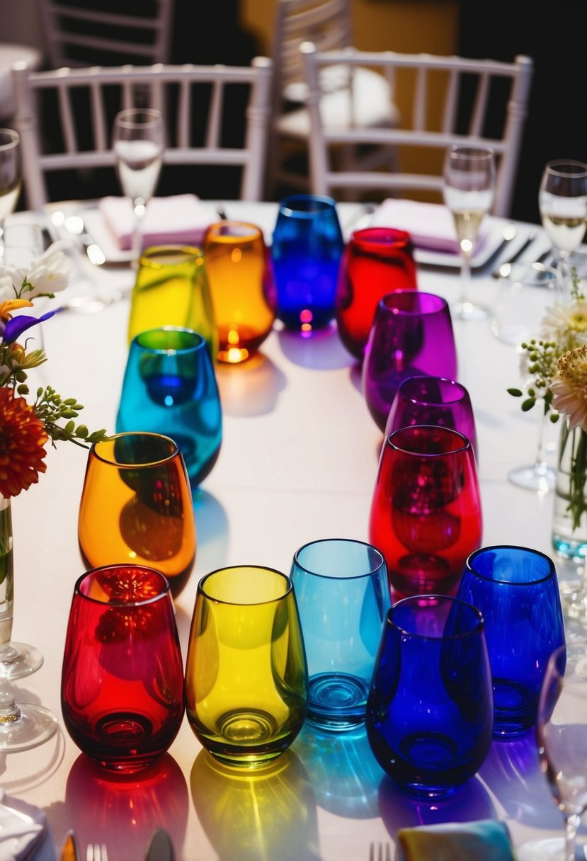 Colorful glass vases arranged in a circle on a table, creating a vibrant and elegant wedding decoration