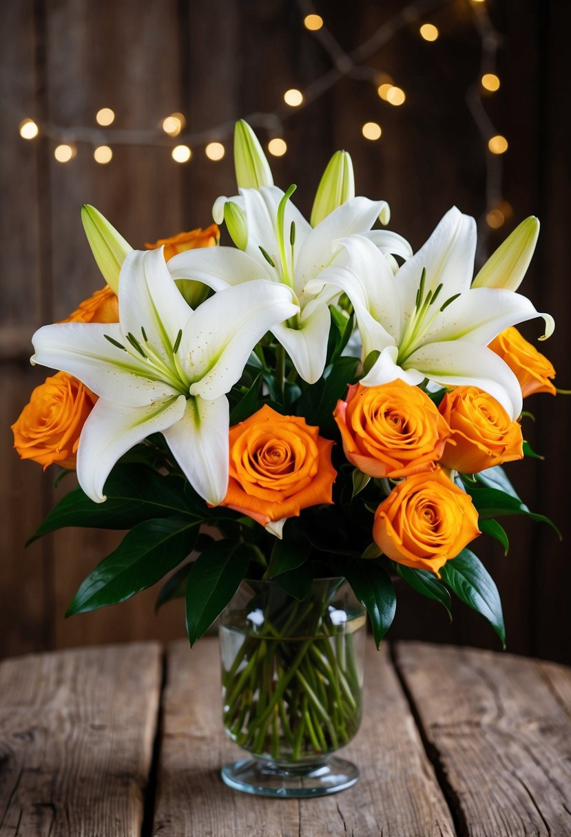 A bouquet of white Asiatic lilies and sunset roses arranged in a glass vase on a rustic wooden table