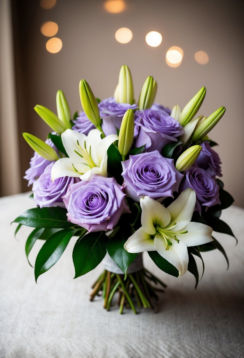 A vintage-inspired bouquet with lilac roses and Casablanca lilies