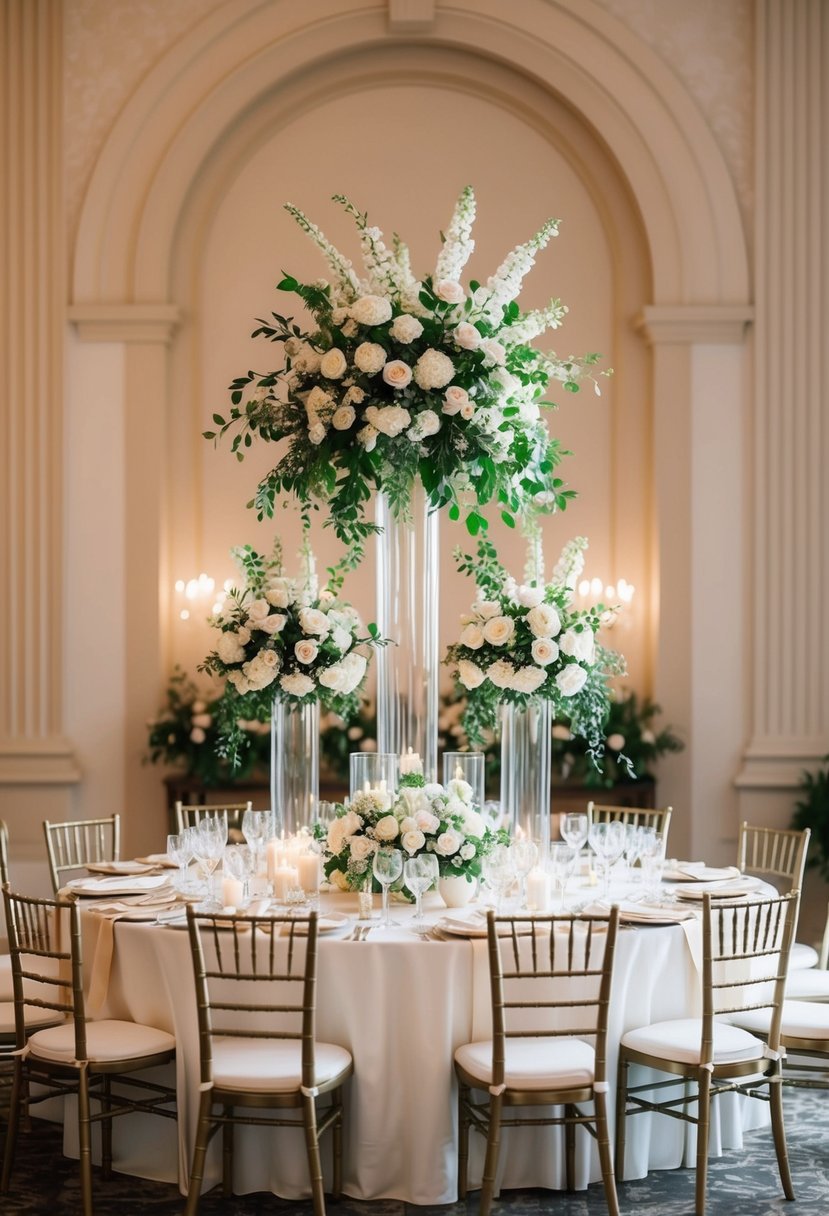 Circular table with tall floral arrangements in the center, creating an elegant and grand wedding decoration