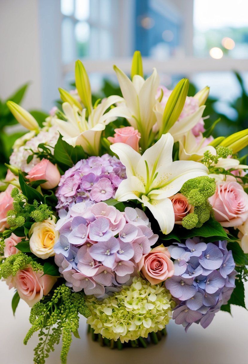 A lush bouquet of hydrangeas, lilies, and roses arranged in a heavenly mix, with delicate petals and vibrant colors