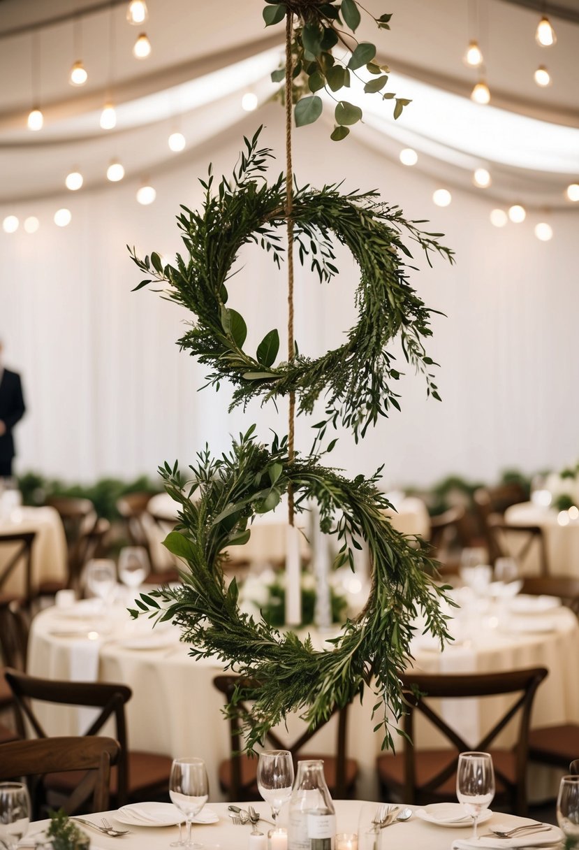 Greenery accents hang from above, encircling a wedding table