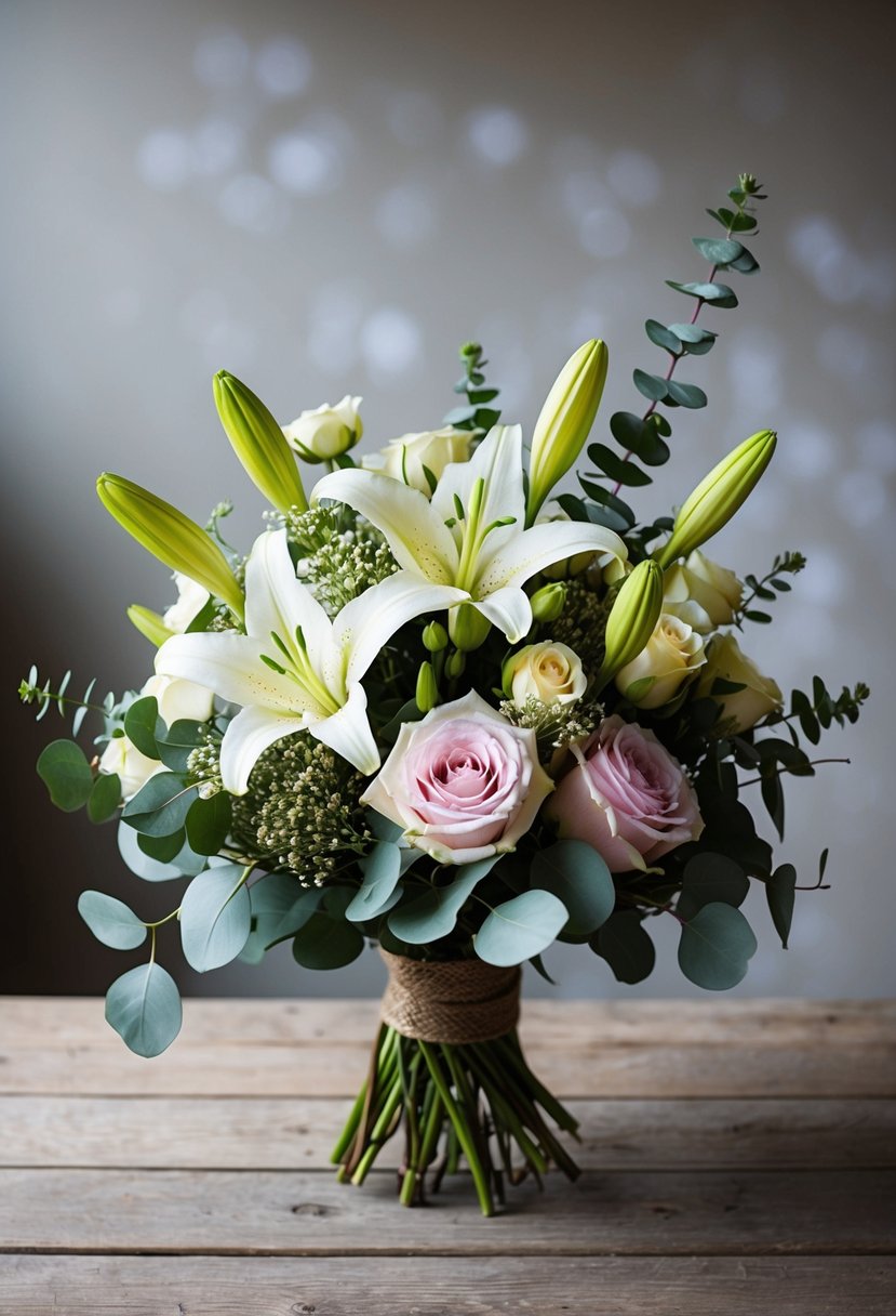 A bouquet of lilies, roses, and eucalyptus arranged in a rustic, eco-friendly style