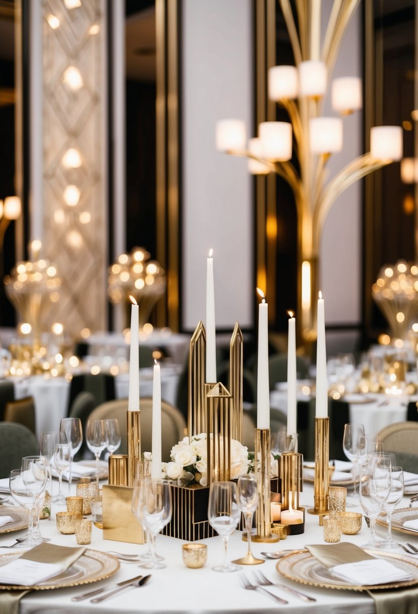 An art deco wedding table adorned with geometric centerpieces, sleek candle holders, and opulent gold accents