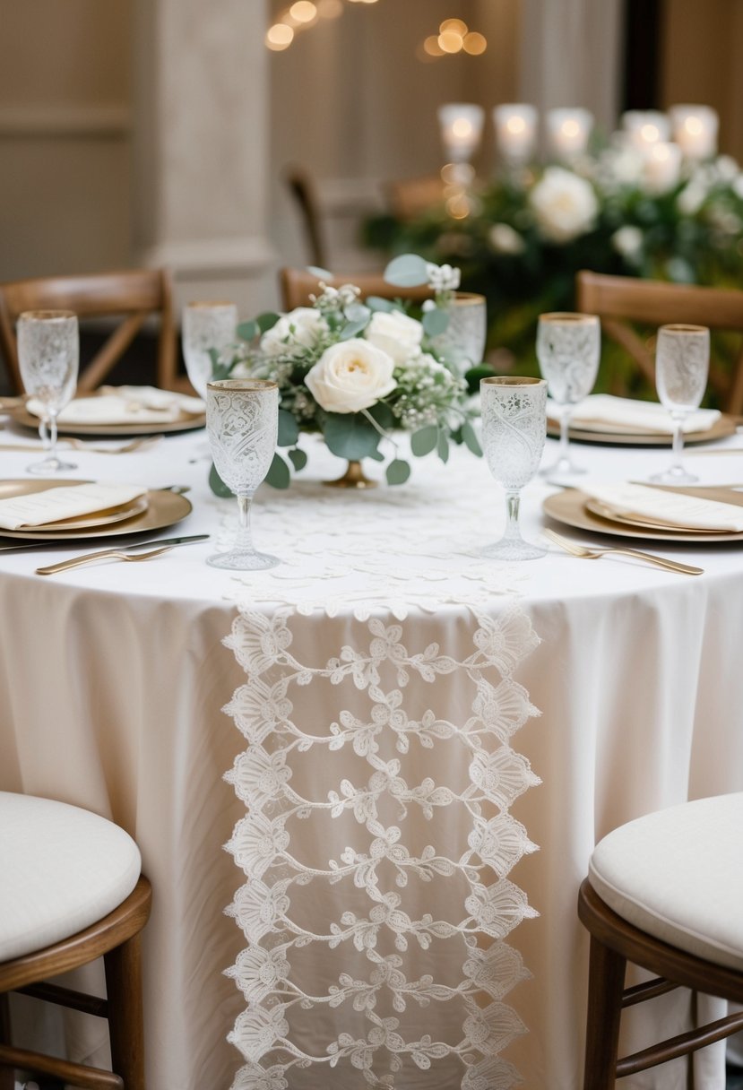 A round table adorned with vintage lace runners, set for a wedding reception with delicate decorations