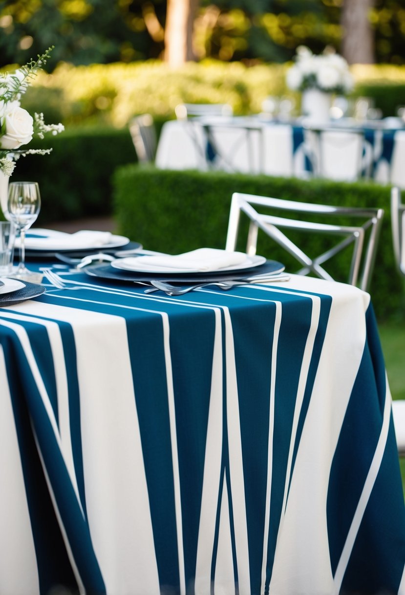 Bold geometric patterns adorn art deco tablecloths, creating a striking wedding table decoration