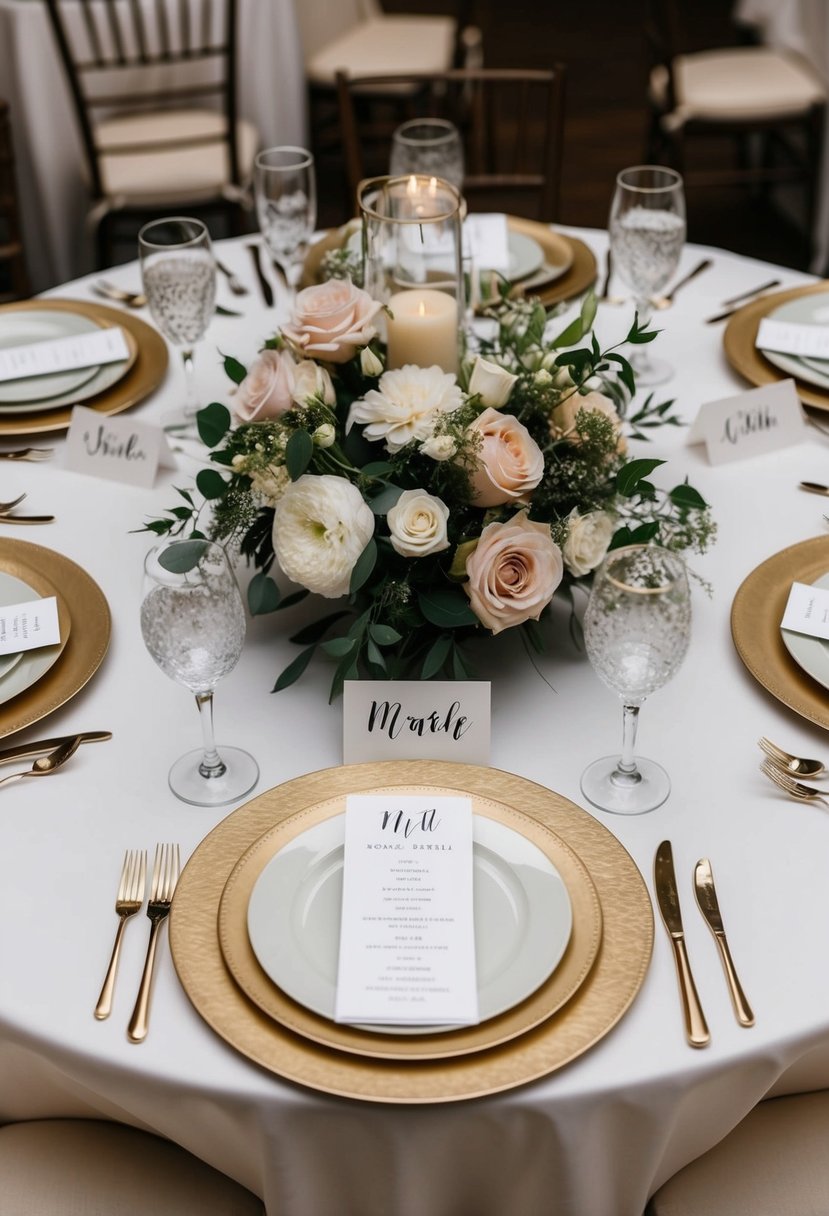 Circular table with personalized place cards for a wedding. Floral centerpieces and elegant table settings create a beautiful and inviting atmosphere