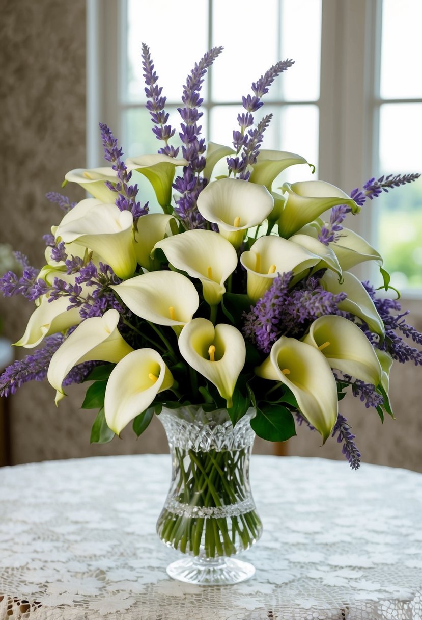 A lush bouquet of calla lilies and roses, intertwined with delicate lavender stems, sits in a crystal vase on a lace-covered table