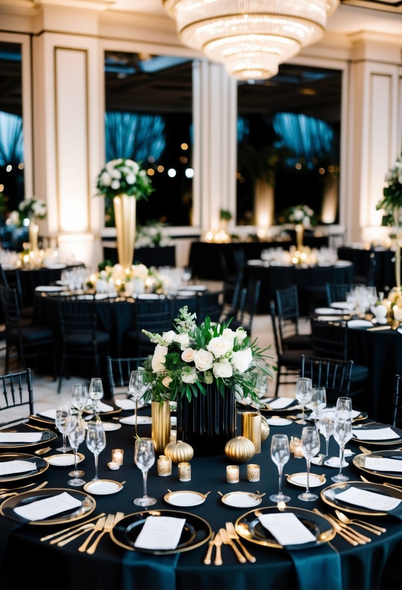 A lavish art deco wedding table adorned with black and gold centerpieces and elegant place settings