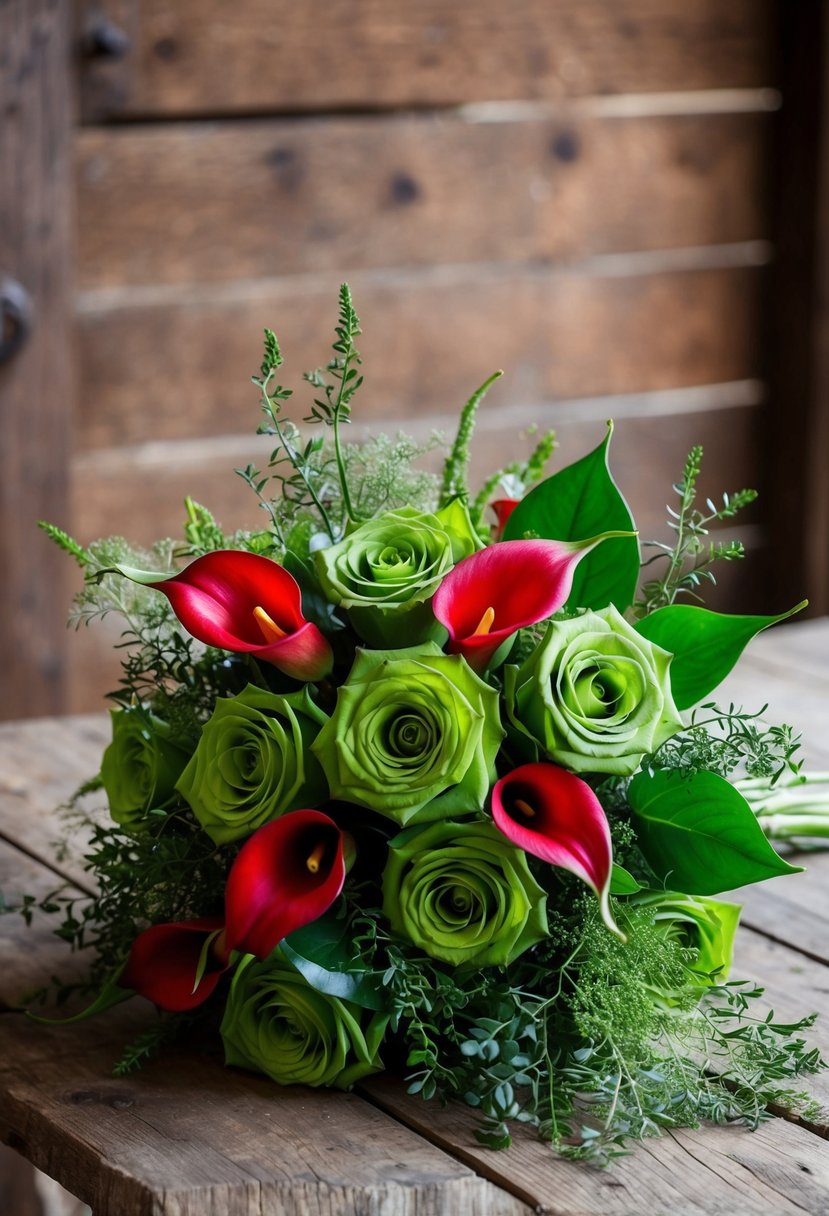 A lush bouquet of green roses and red calla lilies, intertwined with delicate greenery, sits on a rustic wooden table