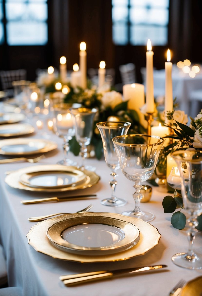 Gold-rimmed glassware arranged on an art deco wedding table, reflecting soft candlelight