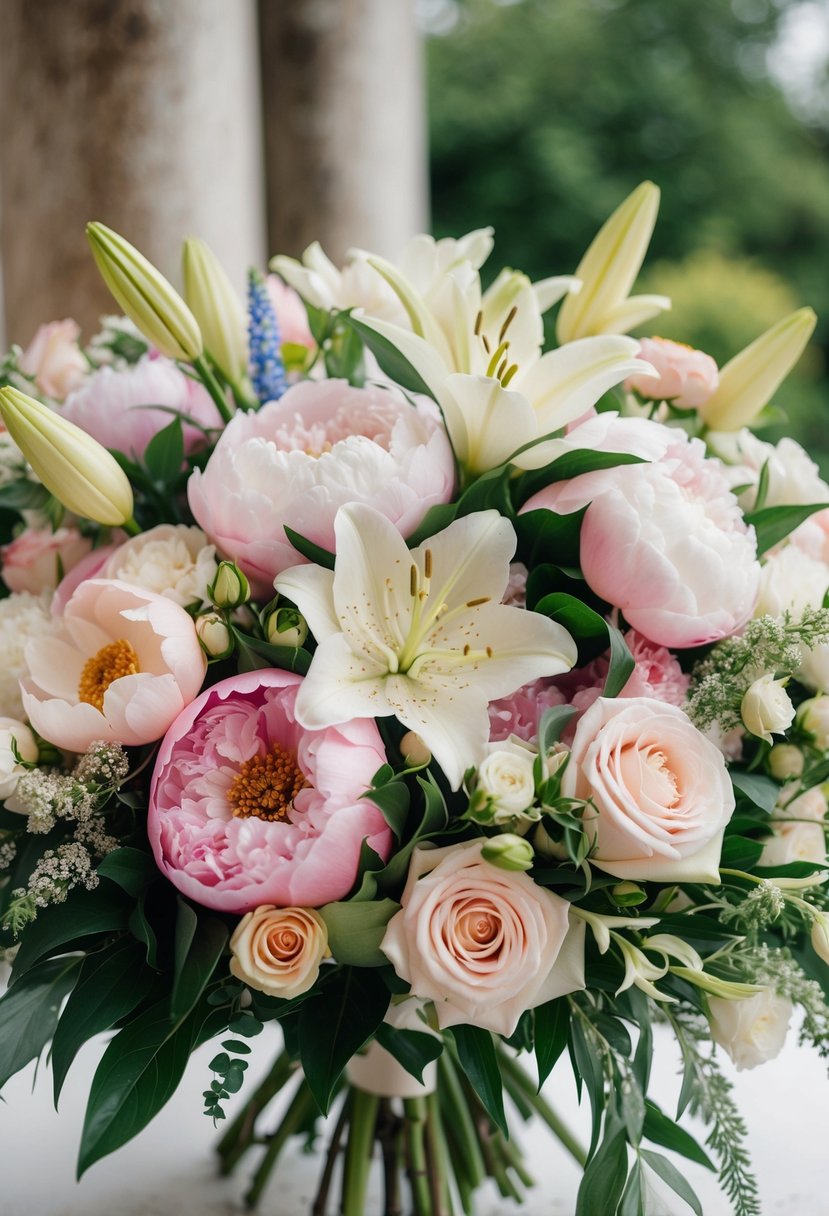 A lush wedding bouquet bursting with peonies, lilies, and roses in a harmonious blend of pastel colors and delicate textures