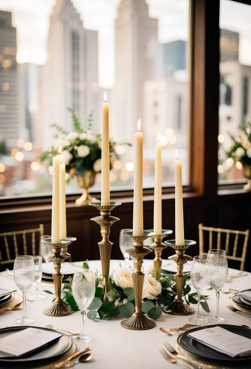 A round table adorned with art deco candle holders, set with vintage charm for a wedding celebration