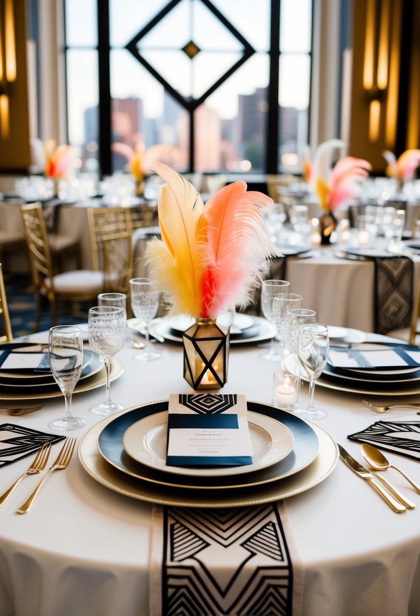 An art deco wedding table adorned with geometric patterns and decorative feather accents