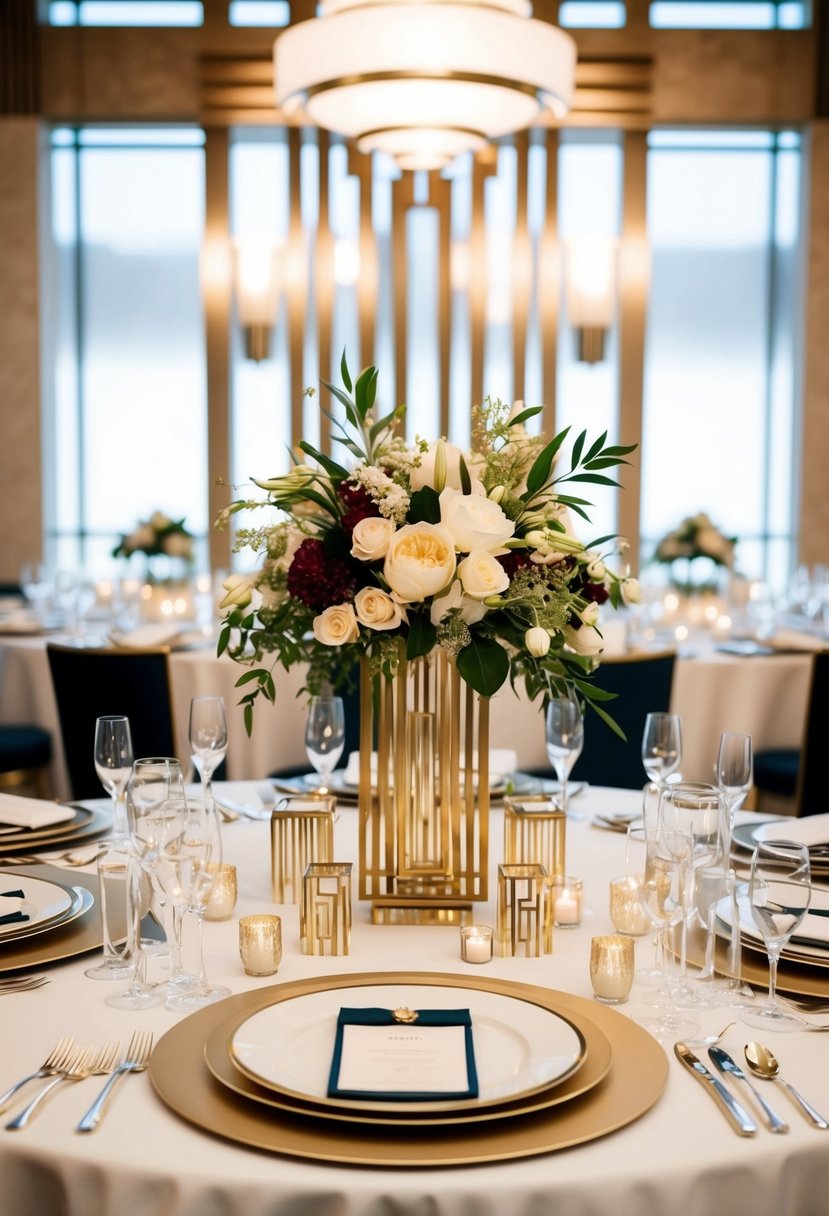 An opulent art deco wedding table adorned with sleek geometric centerpieces, gilded accents, and luxurious floral arrangements