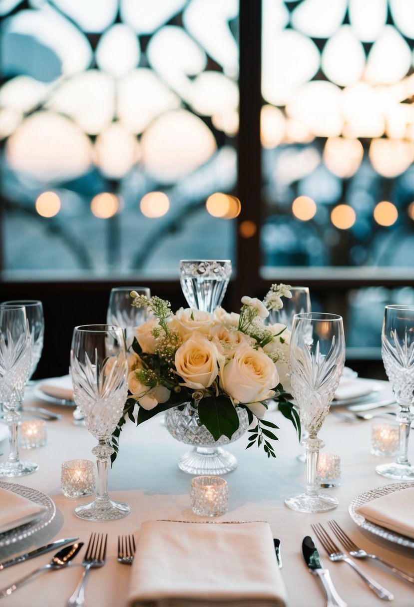 An art deco wedding table adorned with crystal glass decor pieces