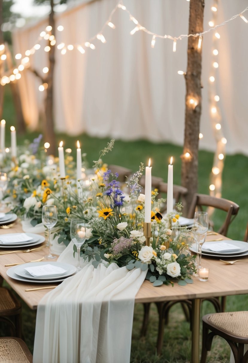 A table adorned with simple, elegant centerpieces made of wildflowers and candles, surrounded by delicate fairy lights and draped with soft, flowing fabric