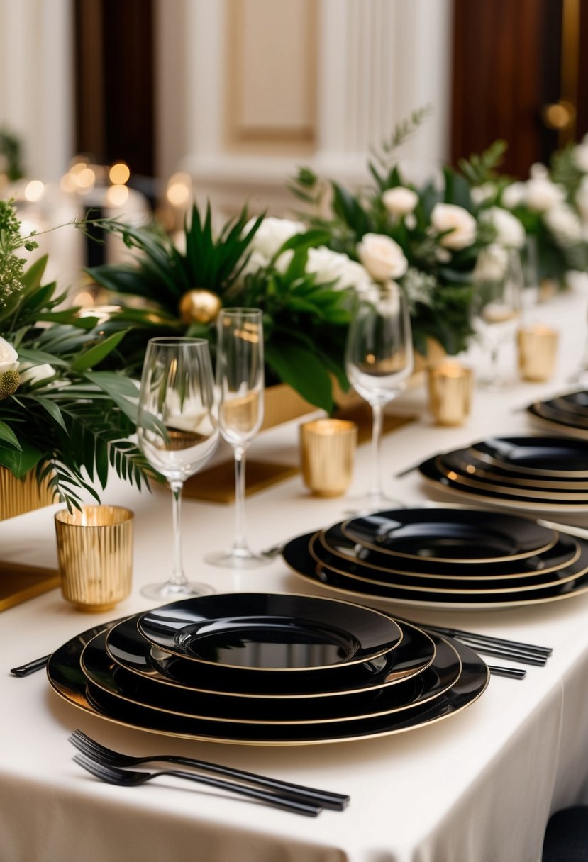 Black lacquer plates arranged on an art deco wedding table with elegant decorations