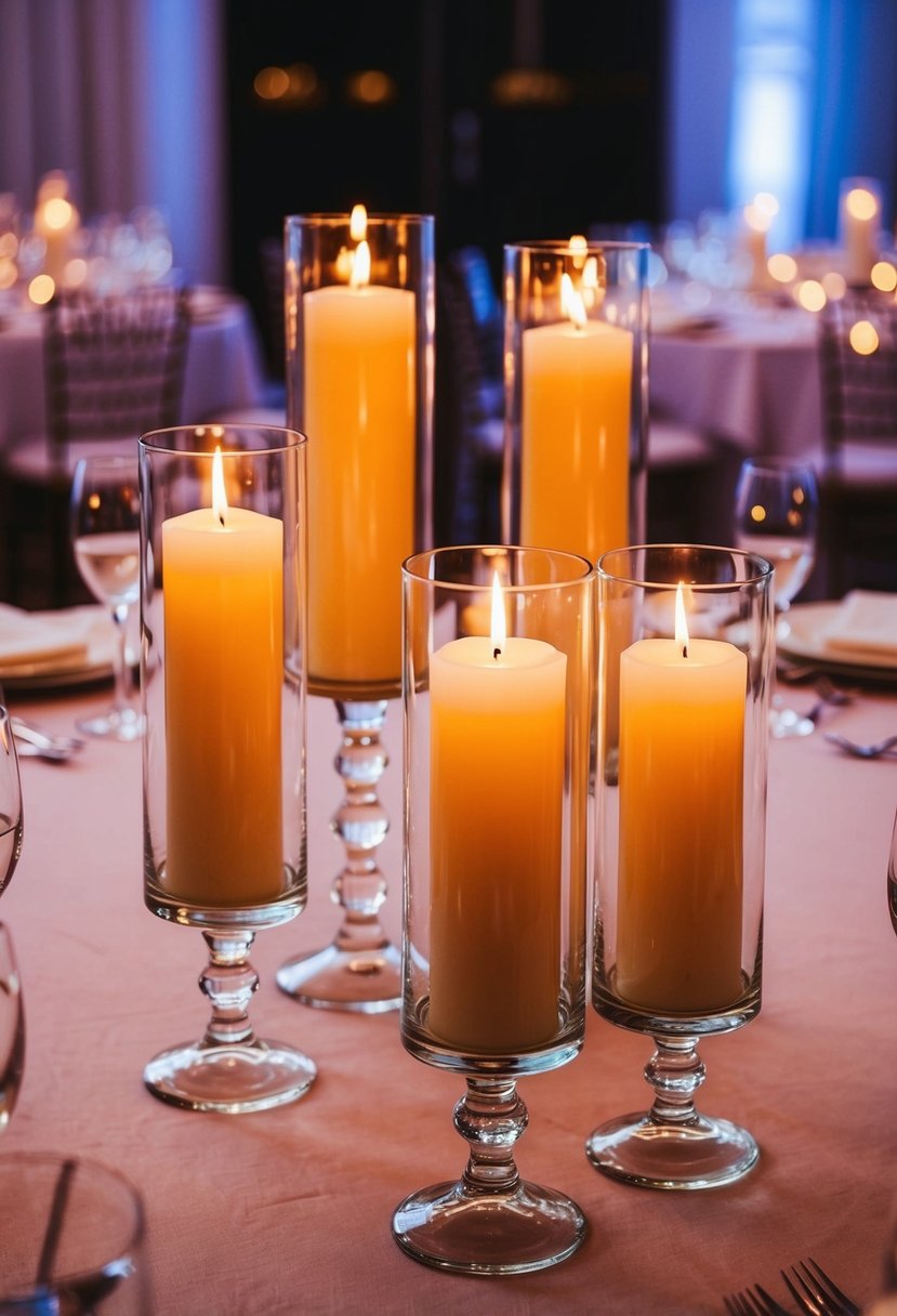 Several pillar candles in glass holders arranged on a wedding reception table, casting a warm and romantic glow