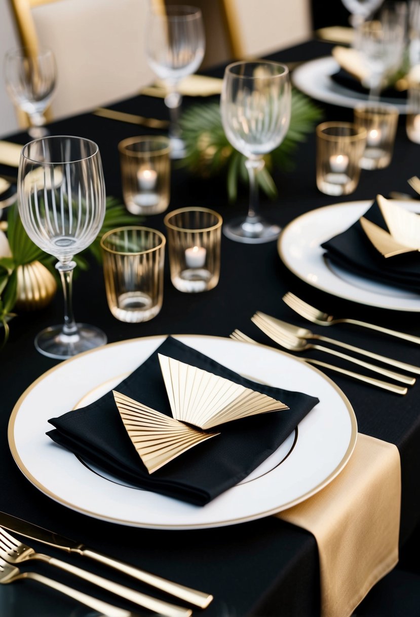 Elegant table setting with art deco motifs: fan-shaped plates, geometric napkins, and sleek cutlery arranged on a black and gold tablecloth