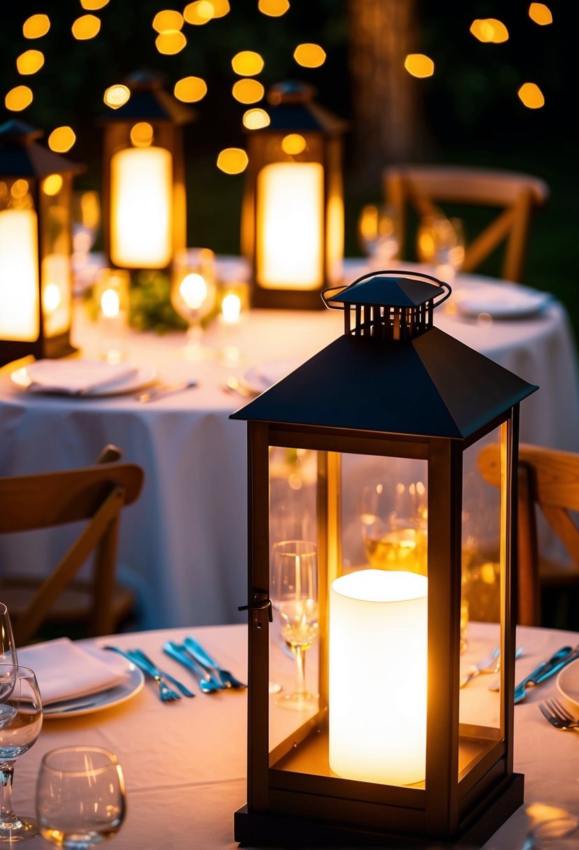 Several lanterns with LED lights illuminate a wedding table, creating a warm and romantic ambiance