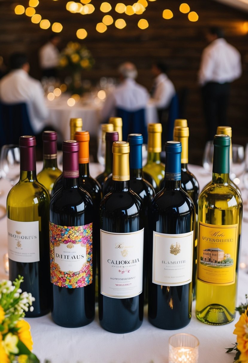 A cluster of colorful, ornate wine bottles arranged as centerpieces on a wedding reception table