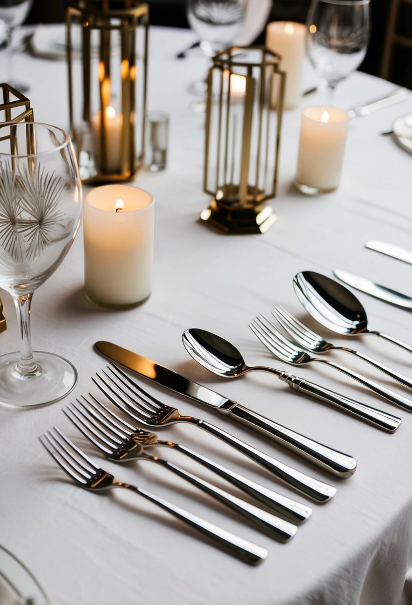 Shiny metallic cutlery arranged on a white linen tablecloth, surrounded by art deco-inspired centerpieces and candle holders