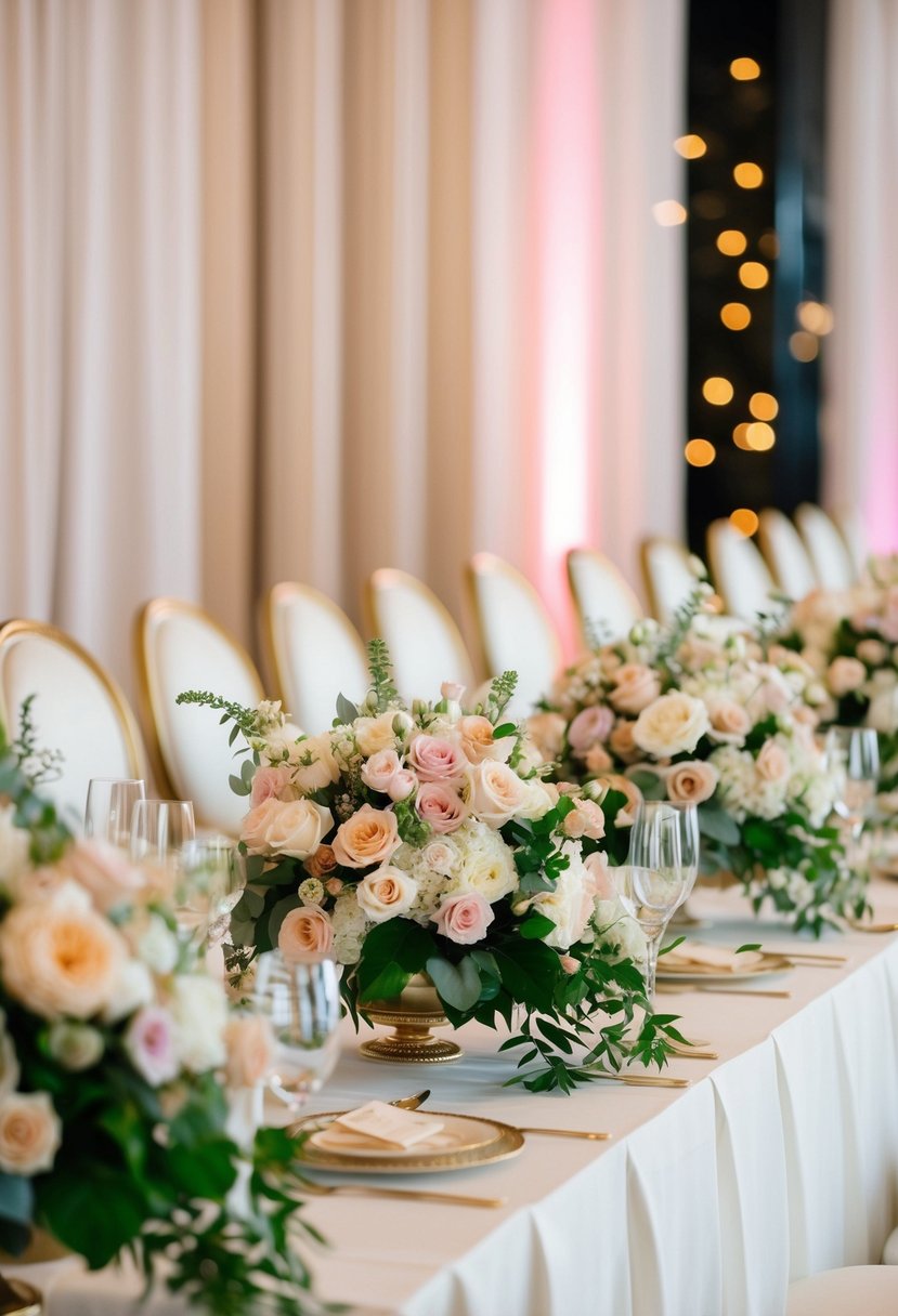 A lavish head table adorned with elegant wedding bouquets in soft pastel colors